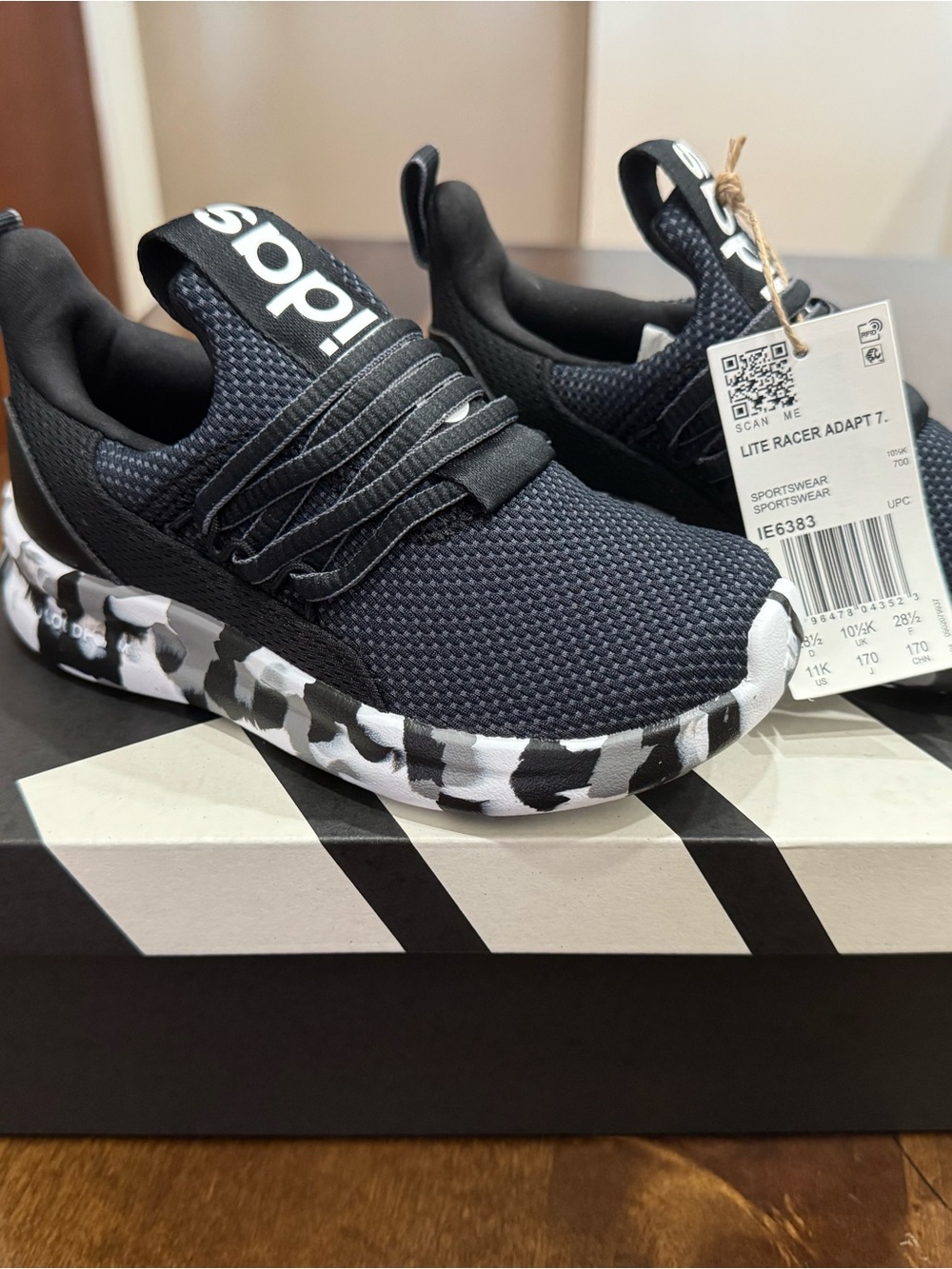Adidas Lite Racer Adapt Kids Black Sneakers with Black-and-White Camo Sole